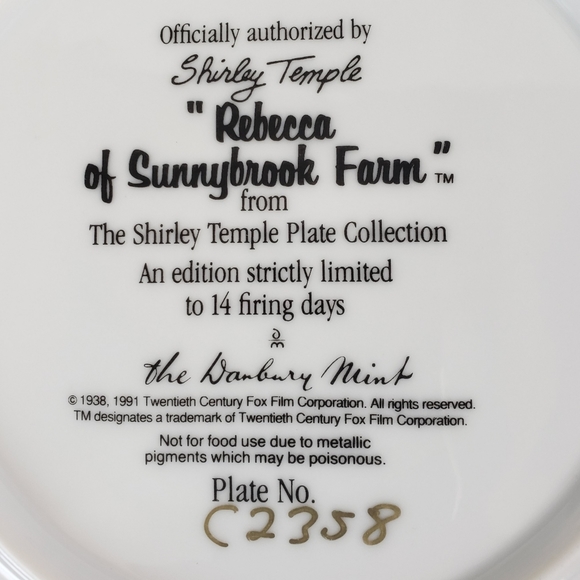 Shirley Temple Rebecca of Sunnybrook Farm Danbury Mint Collectors Plate Vintage - Picture 7 of 12